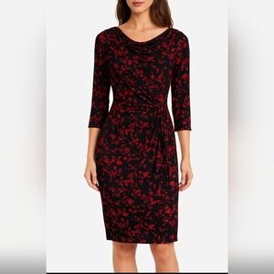 Lauren Ralph Lauren Black & Red Floral Jersey Dress Cowl Neck Twist 3/4 Sleeves